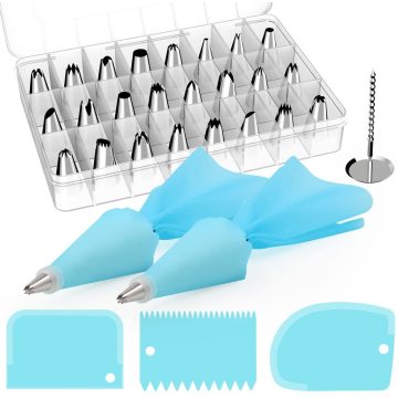 Pastry Sockets, 32 Pieces Stainless Steel DIY Kits, 24 Sockets, 2 Reusable Socket Pockets, 2 Couplers, 1 Nail, 3 Cream Scraper