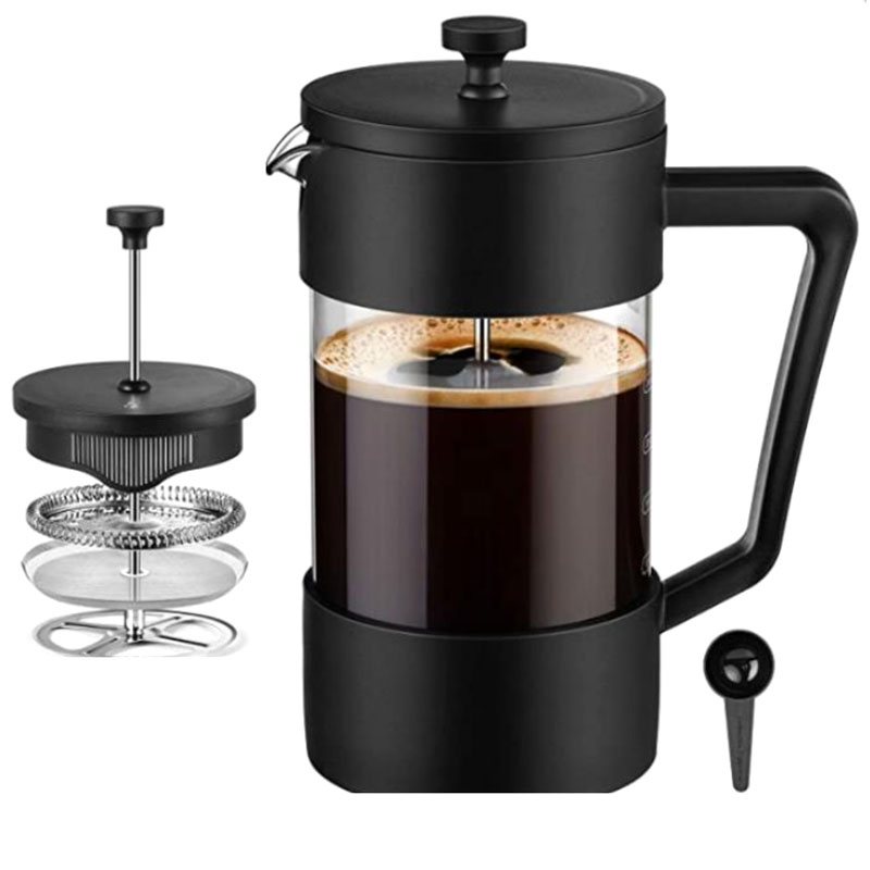 French Press Coffee Maker with Reusable Filter, Large Comfortable Handle & Gl Protecting Durable Black Shell