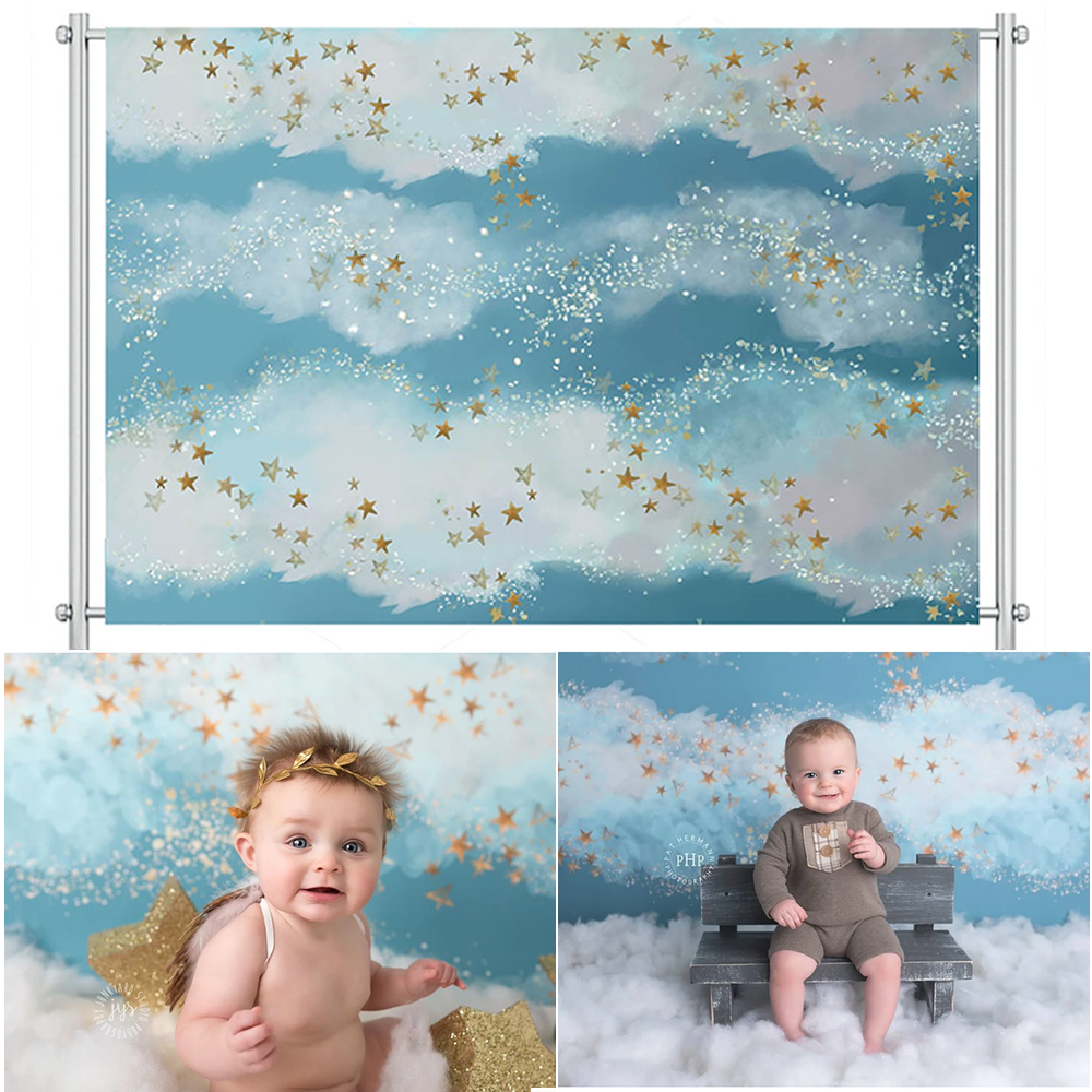 Blue sky cloud Backdrop Child Cake Smash Newborn Baby Photography Background 1st Birthday Party Gold DotsDecoration Banner