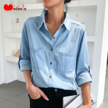 Jeans Shirt Women Tops 2019 Fashion Casual Female Blouses Shirts Plus Size S~3XL Turn-down Neck Lady Tops Women's Denim Jackets