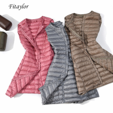 Fitaylor Winter New Women Ultra Light Vests White Duck Down Jacket Slim Medium Long Down Coat Female Single Breasted Outerwear