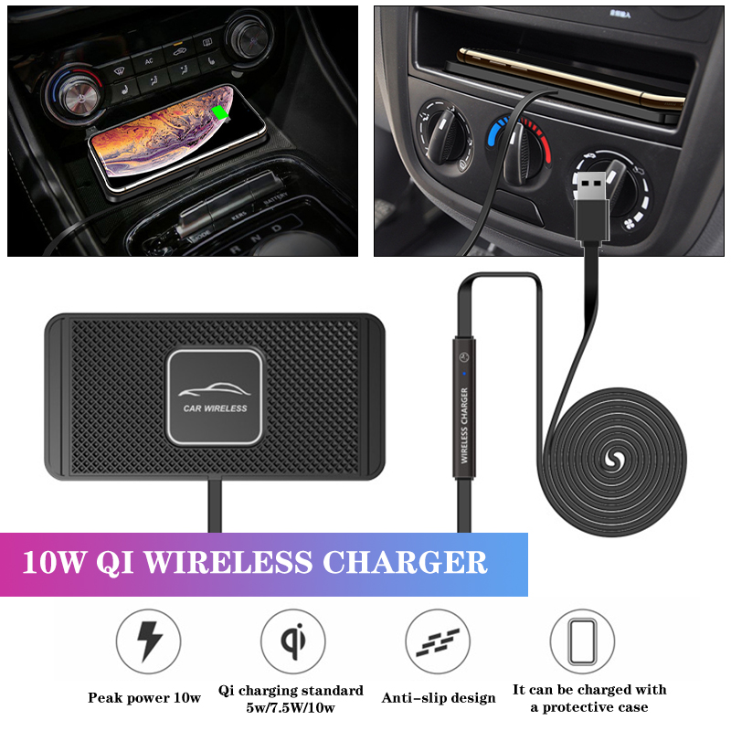 10W Fast Charging Qi Wireless Charger Dock Station Pad For iPhone Samsung 2in1 Non-slip Silicone Mat Car Dashboard Holder Stand