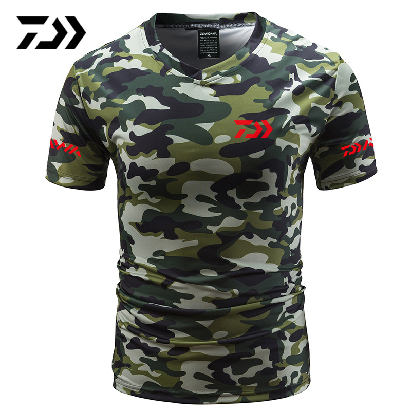 Daiwa Fishing Tshirt Summer Anti-sweat V Neck Camouflage Green Fishing T-shirt Sports Wear Breathable Quick Dry Fishing Clothing