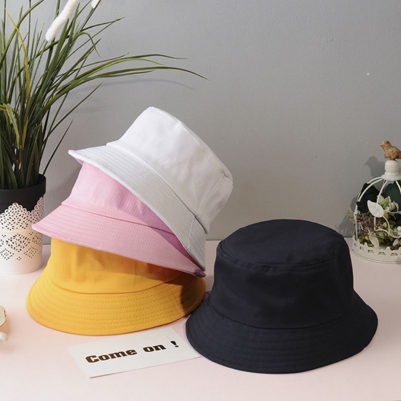 Korean Adult Kids Summer Foldable Bucket Hat Solid Color Hip Hop Wide Brim Beach UV Protection Round Top