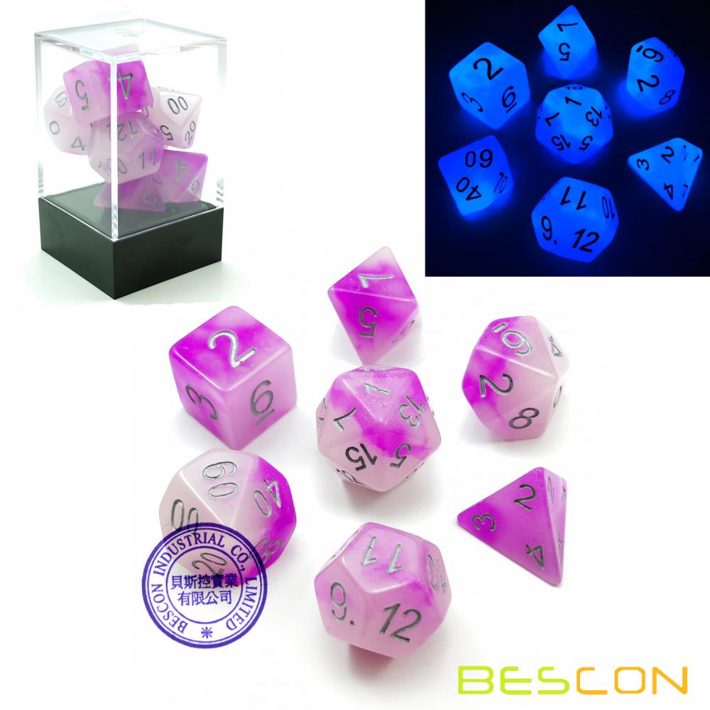 Bescon Two Tone Glowing Polyhedral Dice 7pcs Set FROSTY AMETHYST, Luminous RPG Dice Glow in Dark, DND Role Playing Game Dice