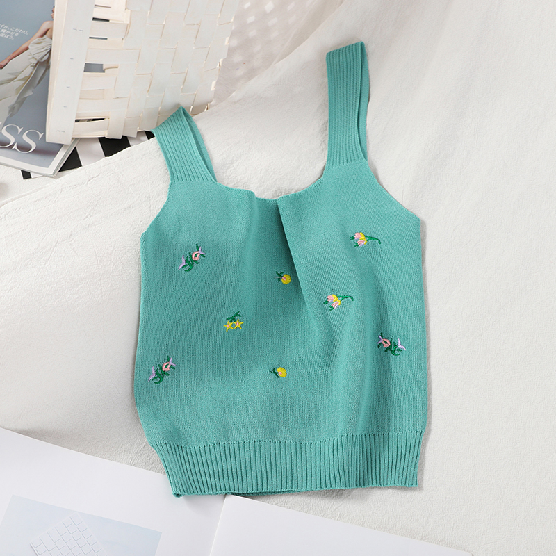 Pearl Diary Knitted Tank Tops Summer Floral Embroidery Crop Top Sleeveless Short Tank Top Femme Knitting Sweet Short Crop Top