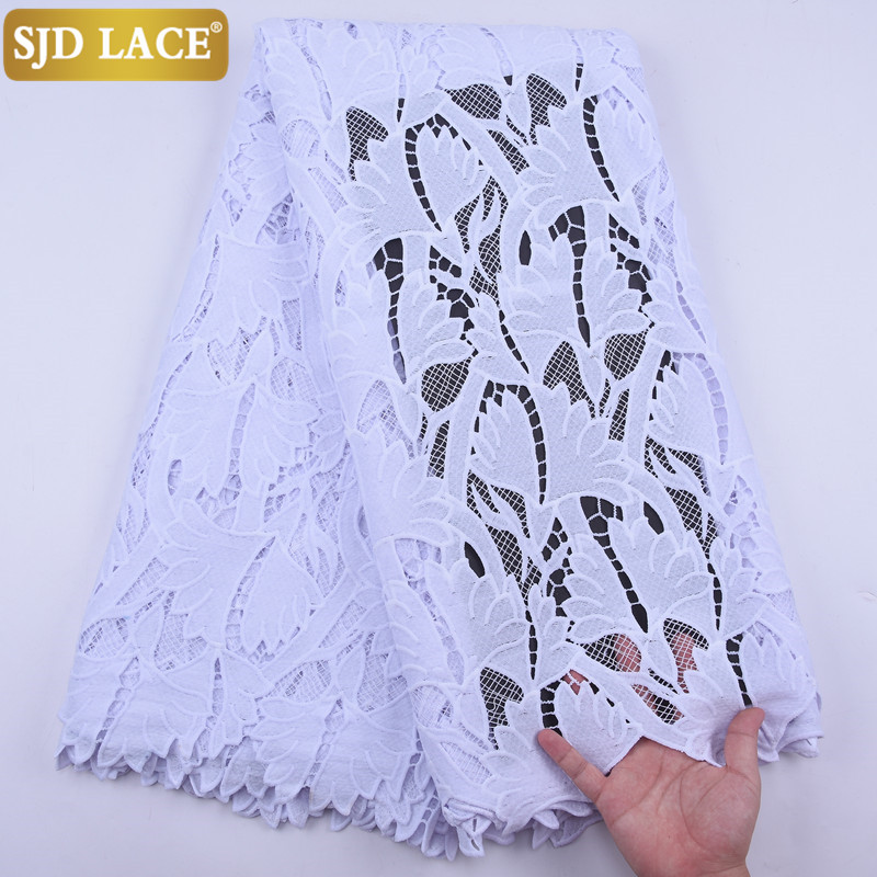 SJD LACE Pure White African Cord Lace Fabric 5Yards Watre Soluble Guipure Cord Laces For Nigerian High Quality Wedding Sew A2021