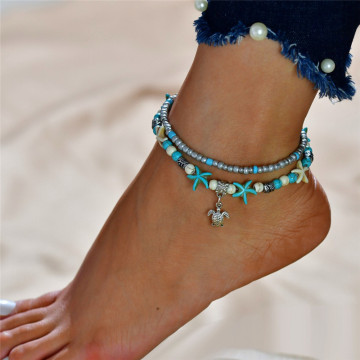 Blue tortoise anklet bracelet for women with multi-layer beaded handmade beach ankle bracelet set with Bohemian foot accessories