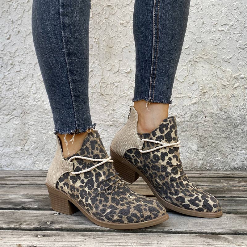 Women Footwear Autumn Leopard Canvas Shallow Ankle Boots 2020 Casual Ladies Zip Mid Heels Pointed Toe Female Woman Flats Shoes