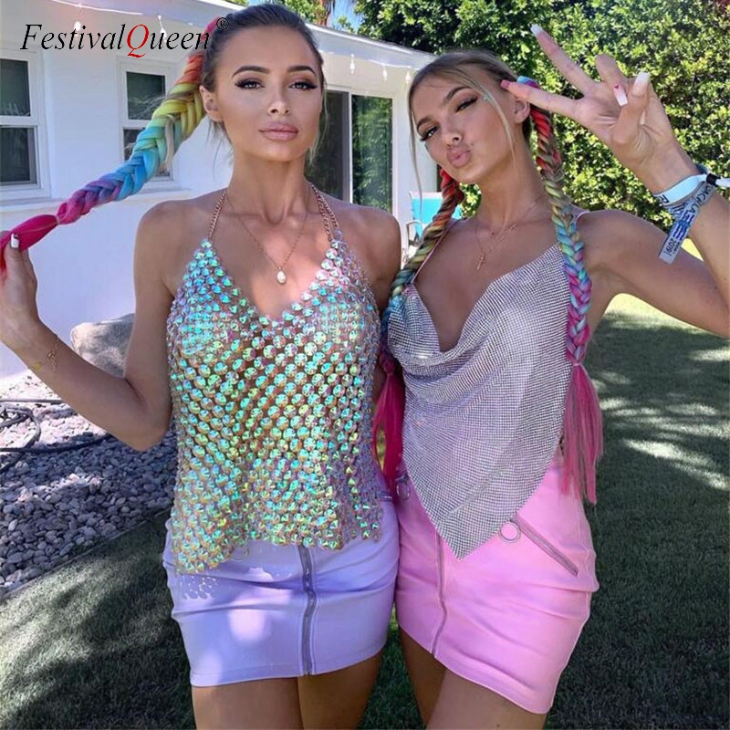 Women Summer Mermaid Beach Camis Sequin Tank Tops Handmade Gem Patchwork Backless Halter Bralette Party Club Camisole