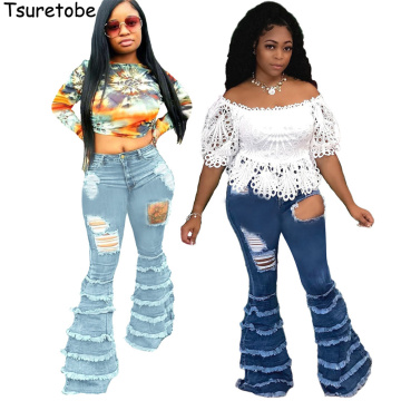 Tsuretobe Streetwear Patchwork Jeans Women Ripped Jeans For Women Stretch Flare Jeans Cascading Ruffle Fashion Bell Bottom Pants