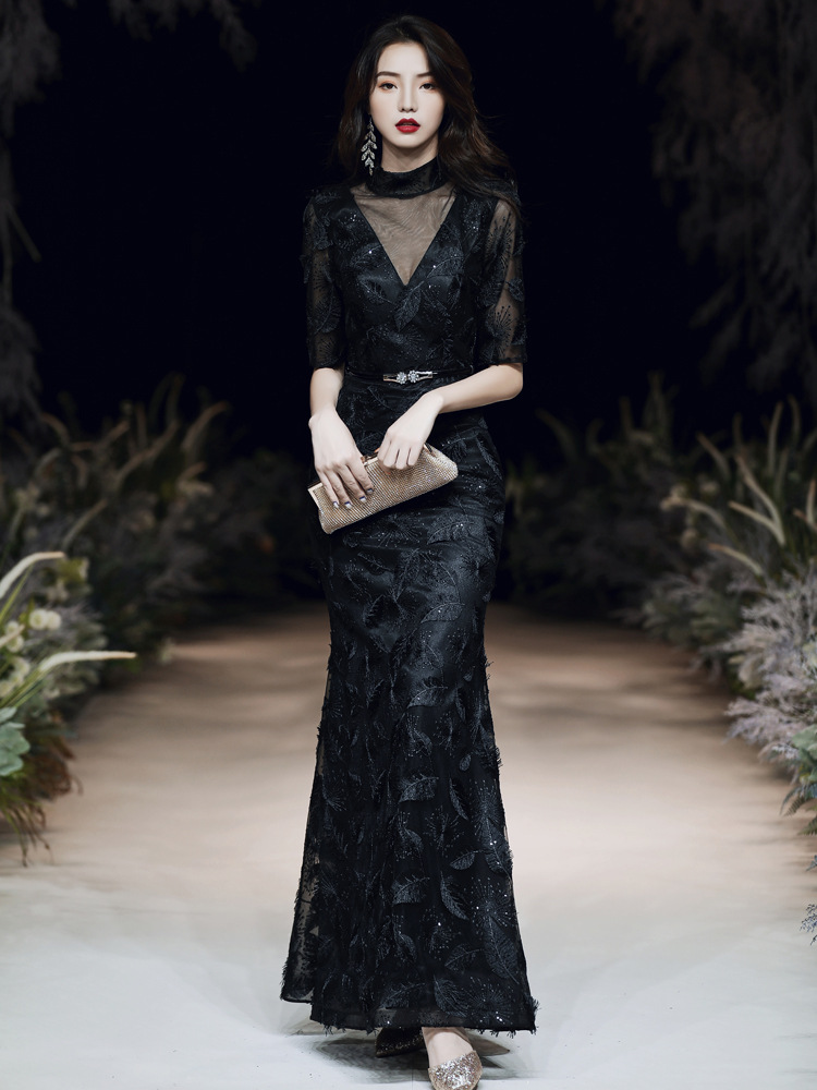 Women Black Elegant Evening Party Dress Exquisite Appliques Sequins Trim Banquet Gown Temperament Mermaid Prom Dresses XS-3XL