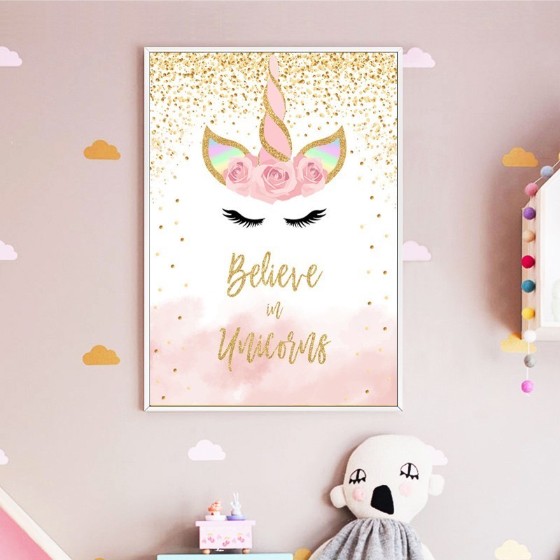 SURE LIFE Cartoon Pink Gold Unicorn Wall Art Believe in Unicorns Poster Print Canvas Paintings Pop Picture Girl's Bedroom Decor