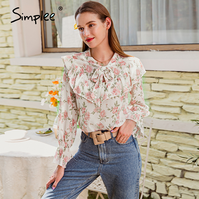 Simplee Casual bow tie ruffle women blouse shirt Trumpet sleeve flower female tops blouse Girlish style chiffon ladies blouse