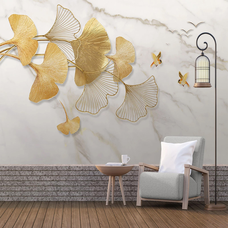 Photo Wallpaper Modern Fashion Light Luxury Hand Painted 3D Golden Ginkgo Leaf Flying Bird Marble Pattern Background Wall Murals