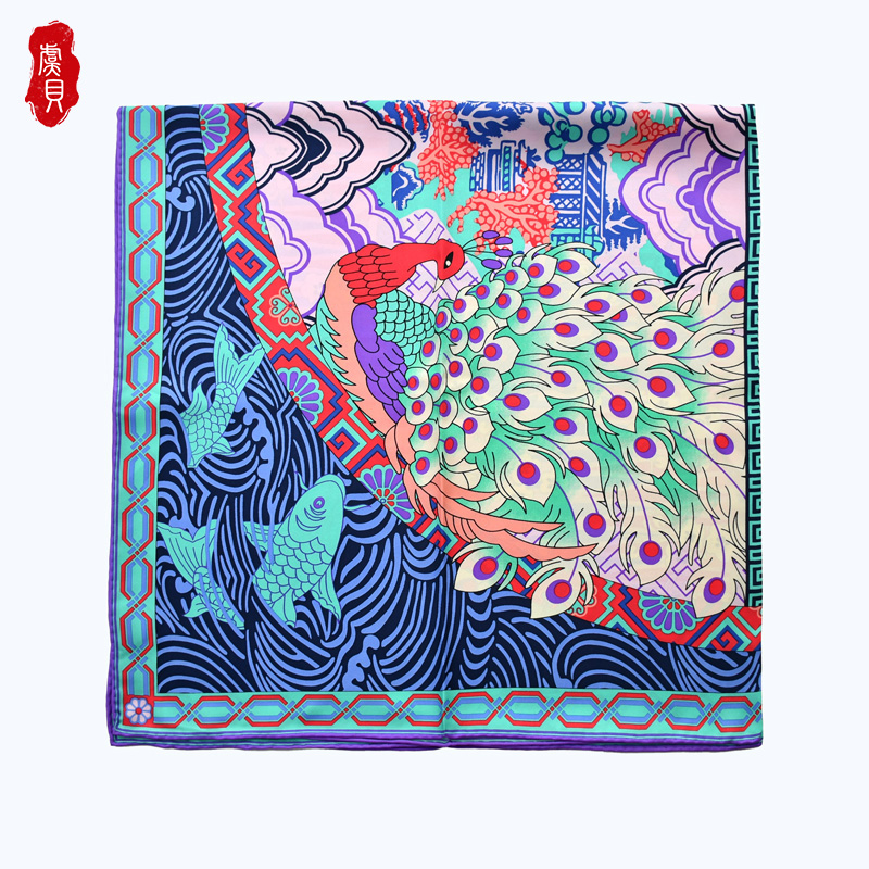 Chinese classic blue silk scarf women peacock peony painting Shawl hand edged natural silk 90cm square scarves bandana lady gift