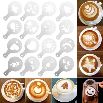 2020 New 16 Pcs Coffee Drawing Mold Fancy Natie Printing Model Coffee Foam Spray Cake Stencils Powdered Sugar Sieve Tool