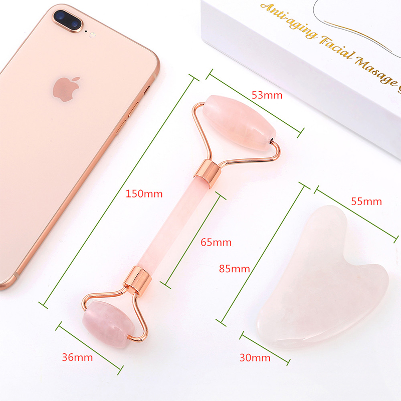 Rose Quartz Roller Facial Massager Powder Crystal Wheel Jade Roller Scraper Mask Brush Three-piece Skin Care Custom Wholesale