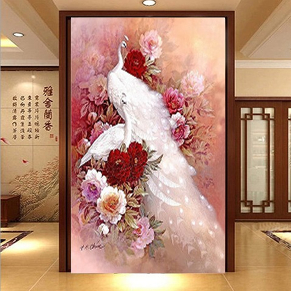 Hotel Wall Canvas Home Decor Needlework Bedroom White Peacock Background Diamond Painting Set 5D DIY Living Room Cross Stitch