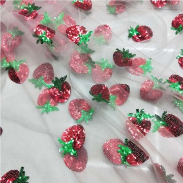 Soft Translucent Sequins Strawberry Embroidery Mesh Fabric for Wedding Party Dress Tulle Stage Garment Diy Sewing Lace Fabric
