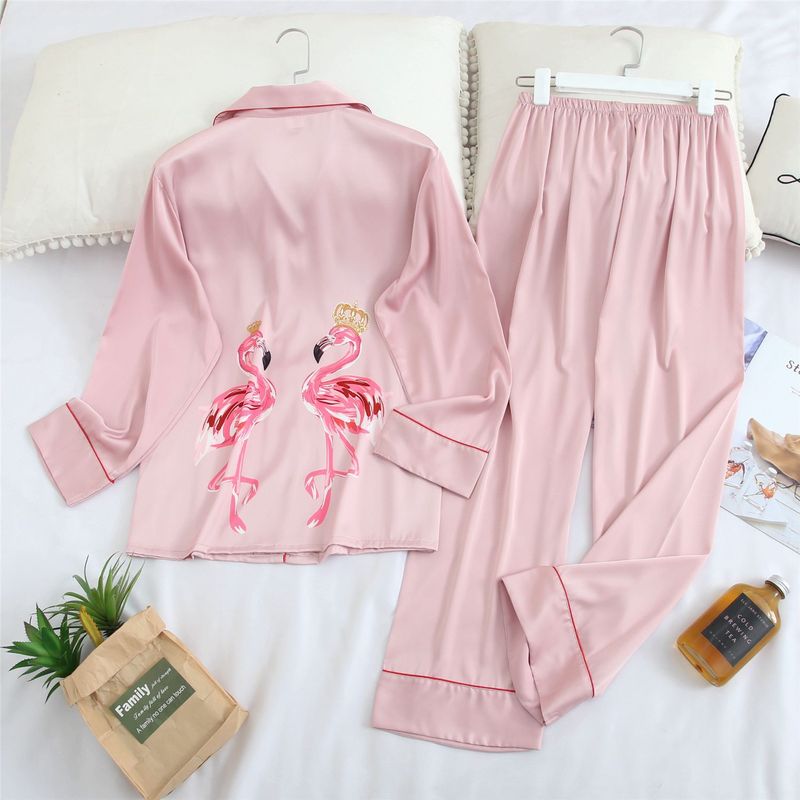 QWEEK Silk Women Pajamas Sleepwear Pijamas Ladies Pyjamas Satin Sleep Lounge Home Clothes Nightwear Flamingo Print Homewear