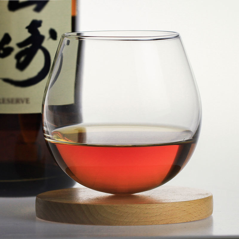 Slow Roll Spherical Whisky Rock Glass Match Wooden Pallet Roly-poly Design Taste Creative Brandy Snifters Whisky Tumbler Holder