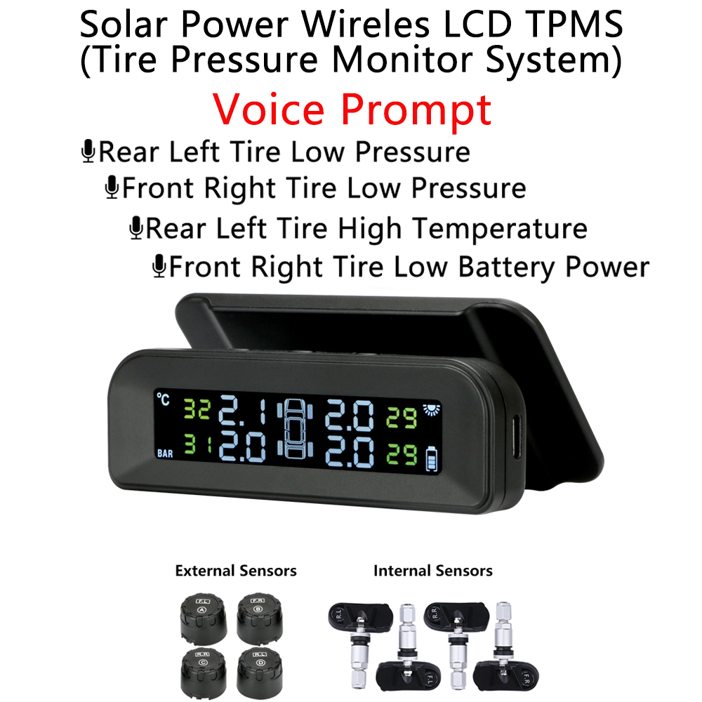 Solar Power Tyre Pressure Monitor System TPMS With USB Charging And LCD Display Voice Anouncment High Temperature Air Leak Alarm