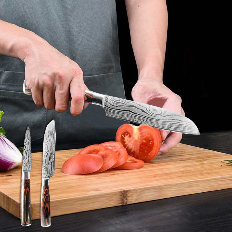 Knife Set Kitchen Damascus Laser Pattern 6PCs 440C Stainless Steel Japanese Chef Slicing Meat Cleaver Fish Utility Fruit Knives