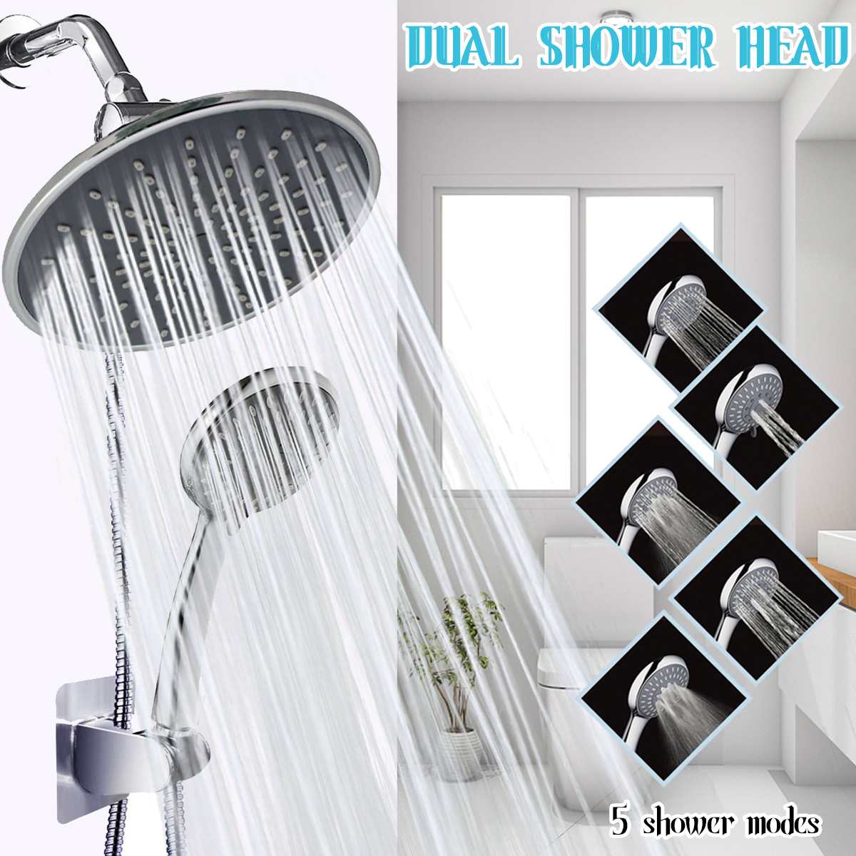 5 Modes Rainfall Shower Head High Pressure Shower Head 3-Way Water Diverter Stainless Steel Hose Set Handheld Showerhead Combo