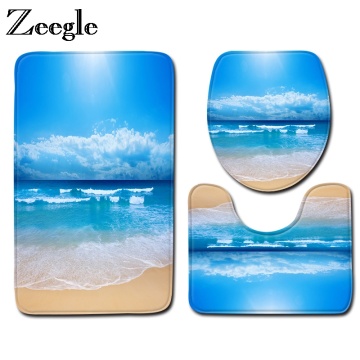 Zeegle Bath Mat Sets 3Pcs Bathroom Carpet Becach Series Floor Mats Toilet Lid Cover Non-slip Bathroom Rug Toilet Mats Doormat