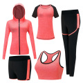 Quick dry women yoga clothing hooded coats+t shirt+bra+shorts+pants 5 pieces set womens autumn outdoor running sportswear gym