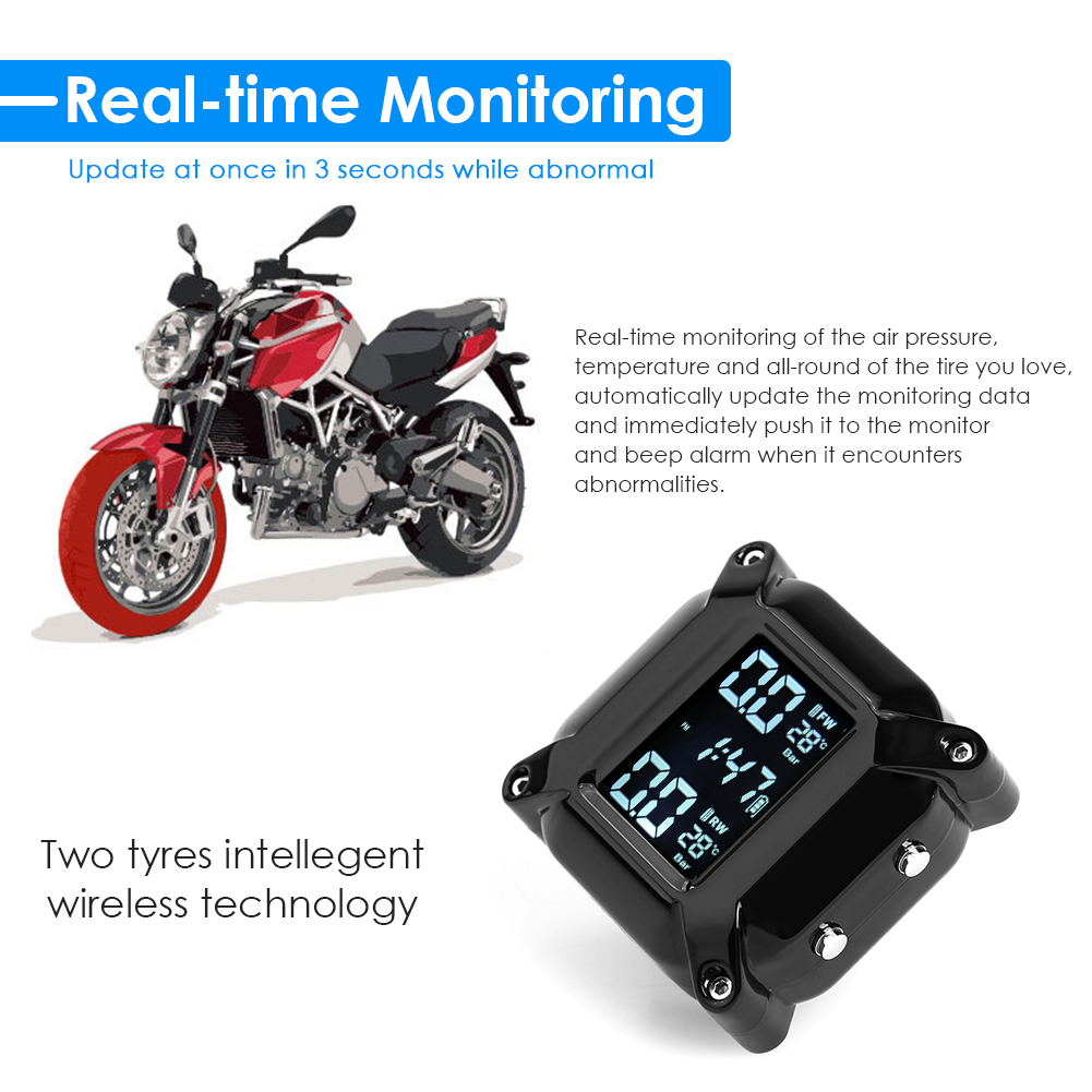 Motorbike Tire Tyre Pressure Temperature Monitoring Alarm System Waterproof LCD Motorcycle TPMS with 2 External Sensors