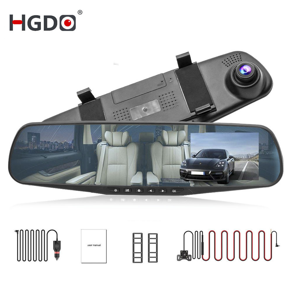 HGDO 4.3'' FHD 1080P Dual Lens Car DVR Mirror Dash Cam auto Recorder Rearview Mirror Night Vision Rear View Camera loop record