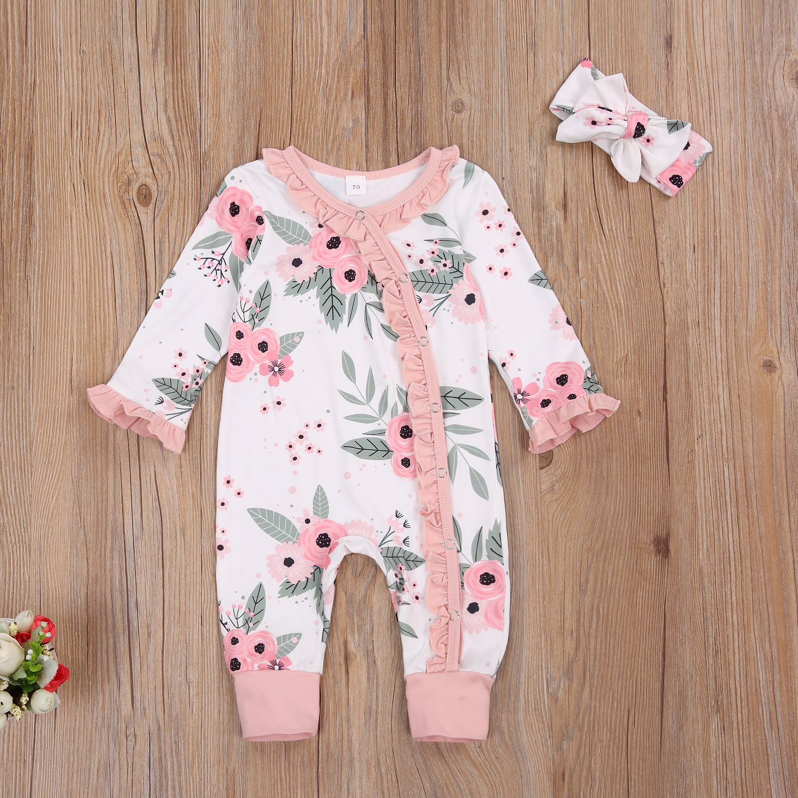 FOCUSNORM 0-18M Autumn Baby Girls Boys Rompers Headband 2pcs Flowers Print Ruffles Long Sleeve Single Breasted Jumpsuits