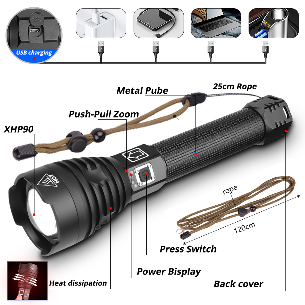 650000lms Xlamp XHP90.3 LED Flashlight Super Powerful USB XHP70 XHP50 Lamp Zoom Torch Use 18650 26650 Rechargeable Battery