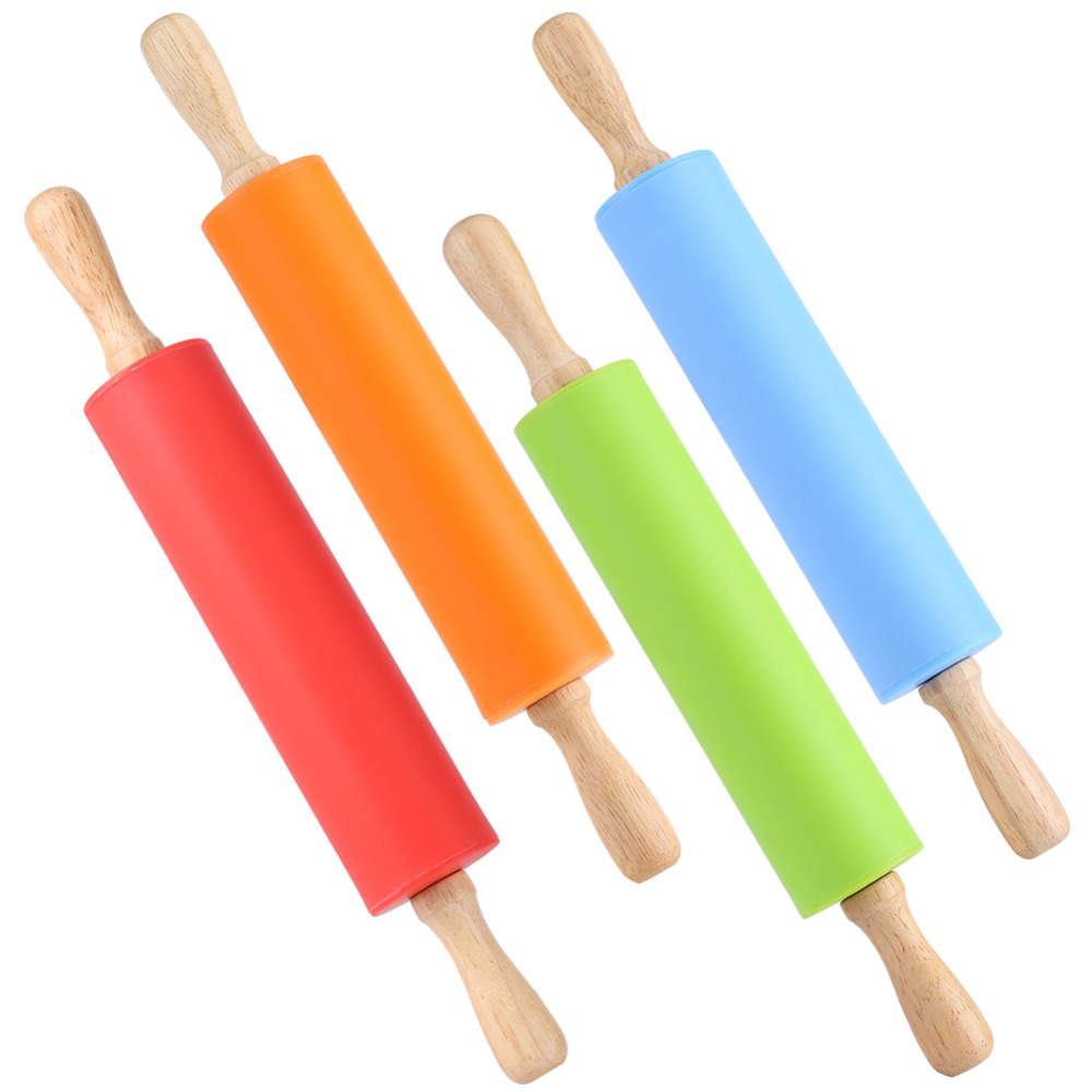 Non-Stick Wooden Handle Silicone Rolling Pin Pastry Dough Flour Roller Kitchen Baking Cooking Tools Household