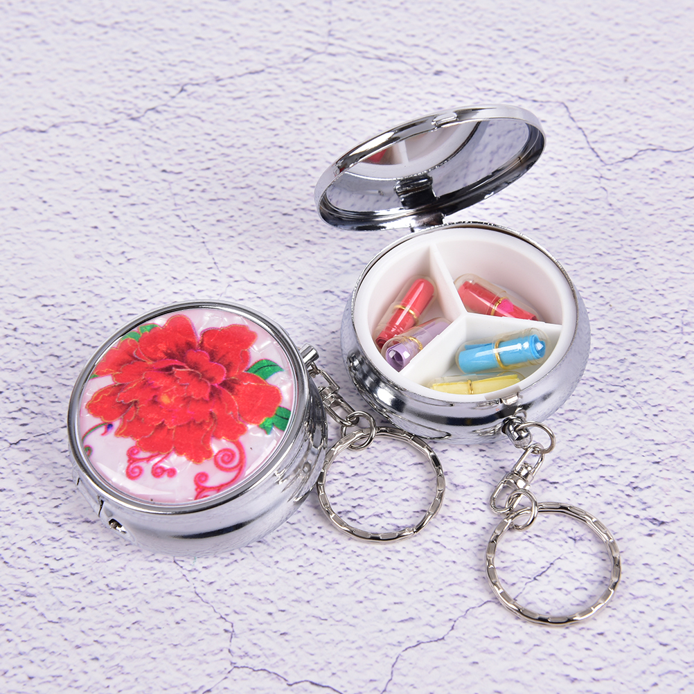 1PCS Portable Metal Round Flower Print Organizer Cute Compartment Pill Case Divid Storage Tablet Container Medicine Box 15Styles