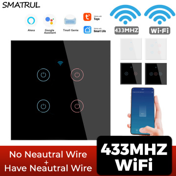 SMATRUL Tuya WiFi Smart Touch Wireless Switch Light RF 433MHz No Neutral Required Wall 1/2/3/4 Gang 220V For Google Home Alexa