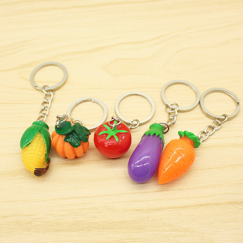 5PCS/Pack Mixed Fake Artificial Vegetables Key Chains Mini Corn Pumpkin Eggplant Plastic Resin Keychain Fashion Decor Crafts