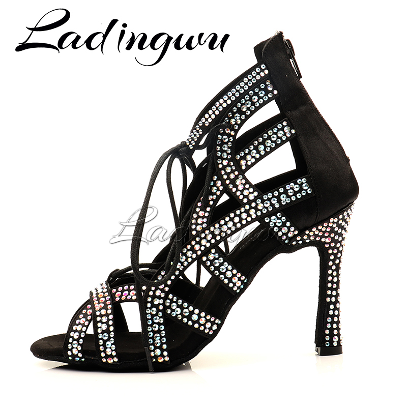 Ladingwu Latin Dance Boots Women Ballroom Salsa Dance Shoes Large and Small Rhinestones Comfortable to Adjust Strap Dance Shoes