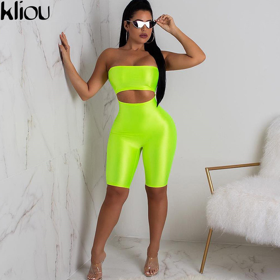Kliou 2018 women sexy short fluorescence playsuits short hollow out strapless female sexy skinny solid party rompers bodysuits