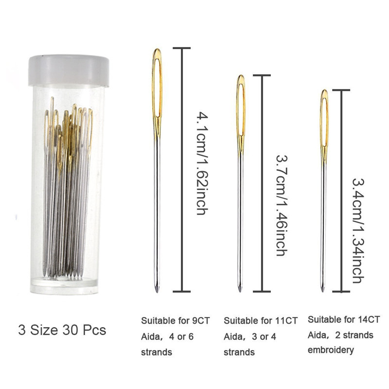 30pcs 3.4cm 3.7cm 4.1cm Hand Sewing Needles Gold Eye Embroidery Cross Stitch Needles With Threaders Home DIY Sewing Accessories