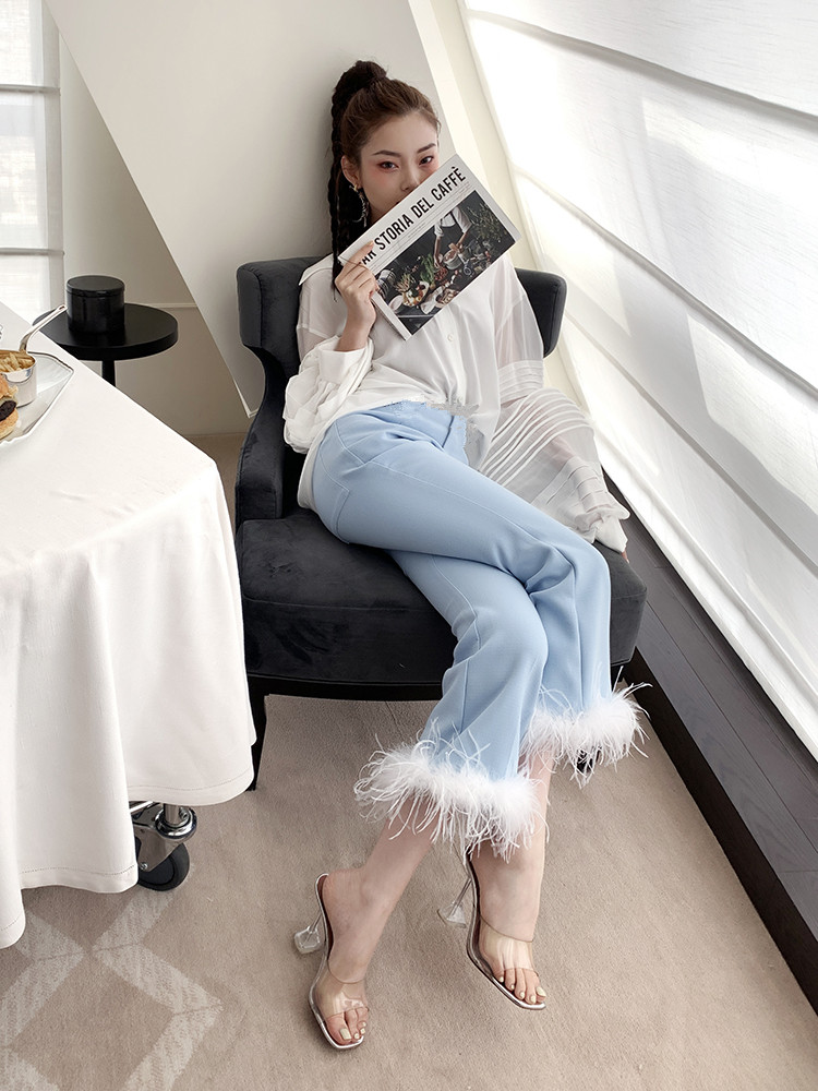 WHITNEY WANG 2020 Spring Fashion Streetwear Elegant Feathers Suit Pants Women Office Lady Trousers