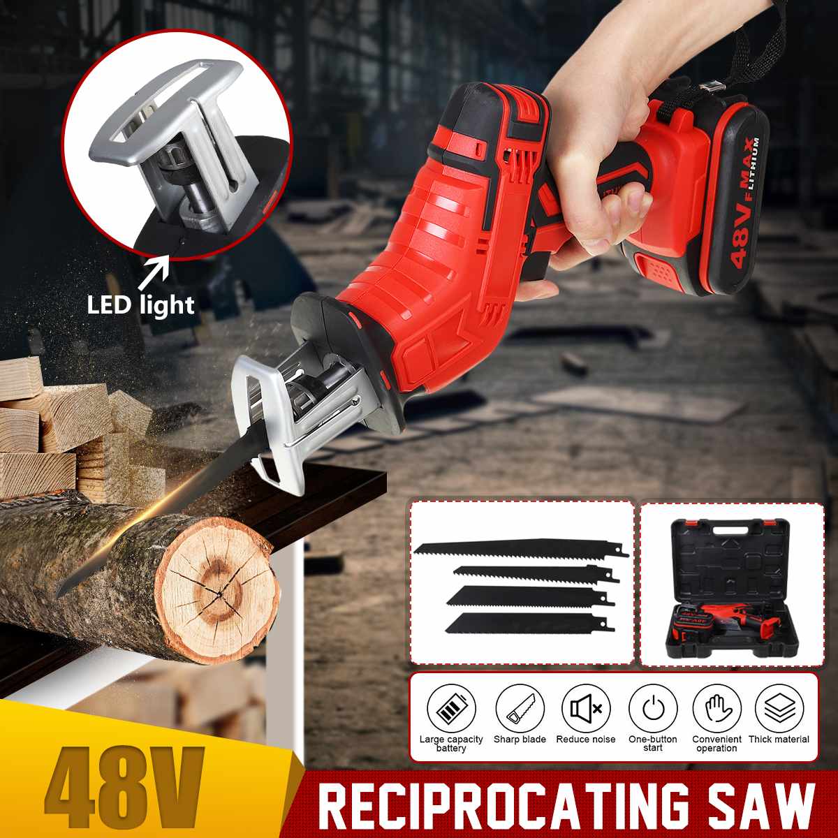 Drillpro 48V Cordless Reciprocating Saw +4 Saw blades Metal Cutting Wood Tool Portable Woodworking Cutters With 1/2 Battery