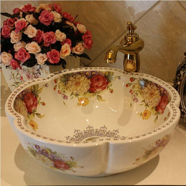 Europe Style Handmade Flower Shape Countertop Ceramic Bathroom Basin Bathroom Sink