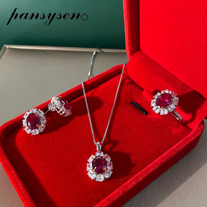 Charms Ruby Lab Moissanite Diamond Bridal Wedding Engagement Jewelry Sets Solid 925 Sterling Silver Necklace/Earrings/Ring Set