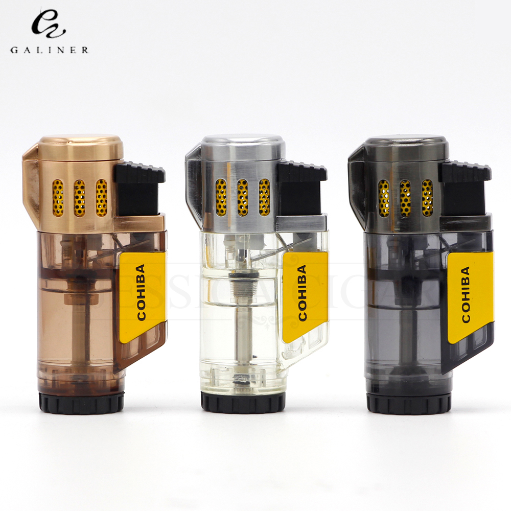 COHIBA Gadgets Men Transparent Butane Gas Lighter Winproof 3 Jet Flame Torch Lighter Cigarette Smoking Lighters For Cigar