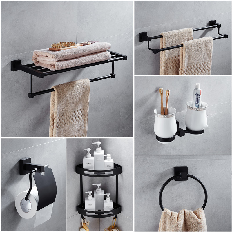 Bathroom Accessories Set Stainless Steel Black Bath Hardware Sets Towel Rack,Paper holder Toilet Brush Holder Towel Rack Hooks