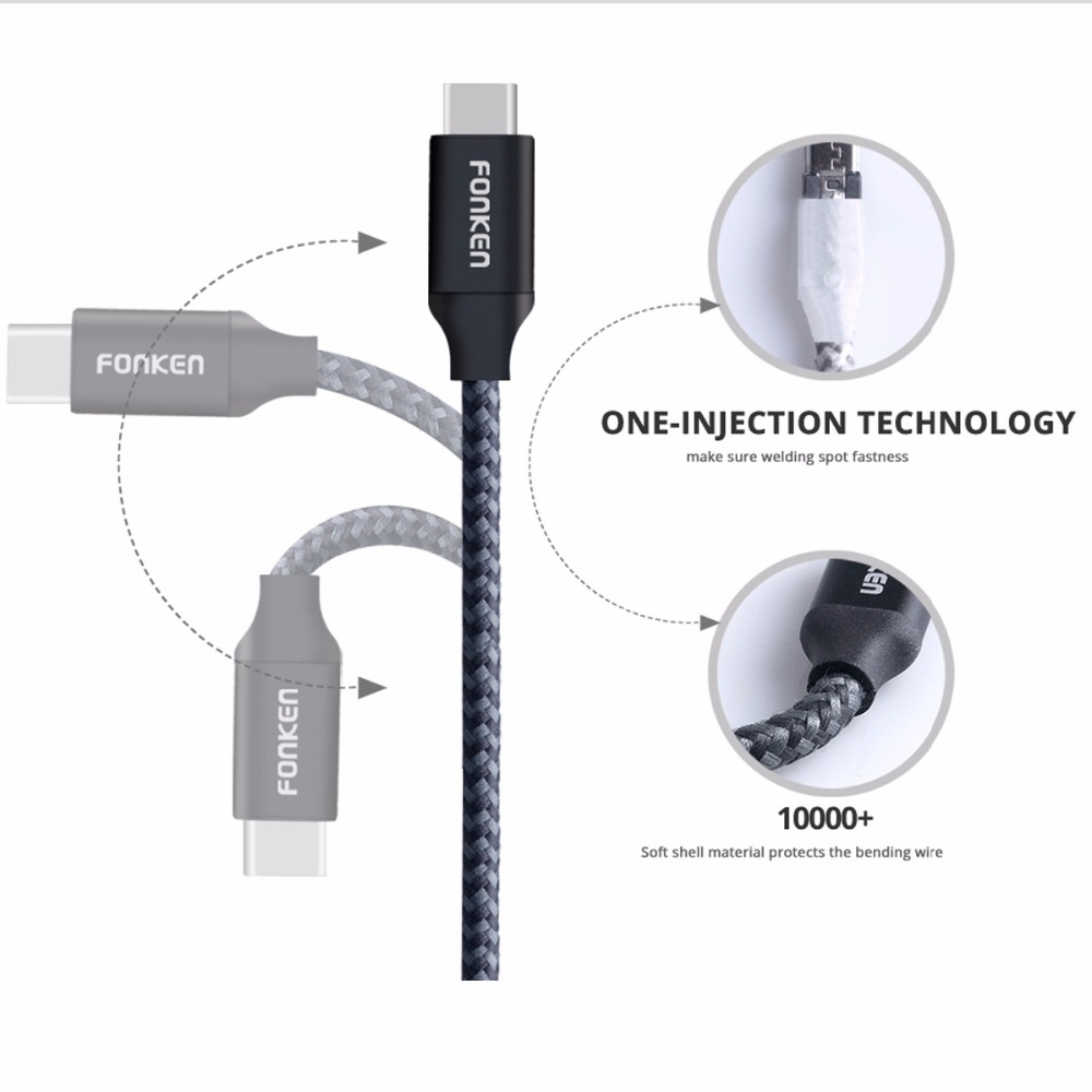 FONKEN Nylon Braided Cable Type-C to USB A Quick Charger Cable 2128AWG 2.4A Fast Charging Data Reversible USB C Cable for Phone