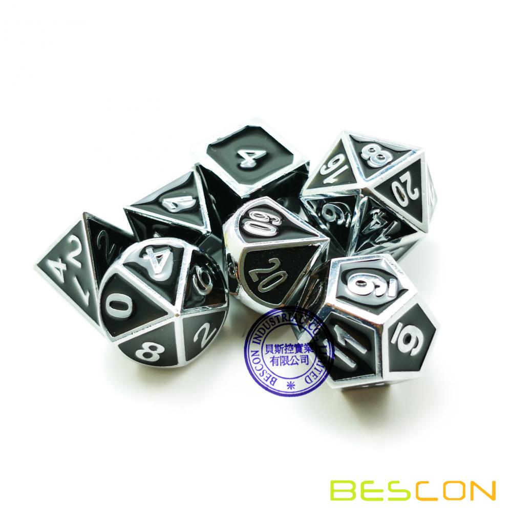 Bescon Deluxe Creative Shiny Chrome and Black Enamel Solid Metal Polyhedral Role Playing RPG Game Dice Set of 7